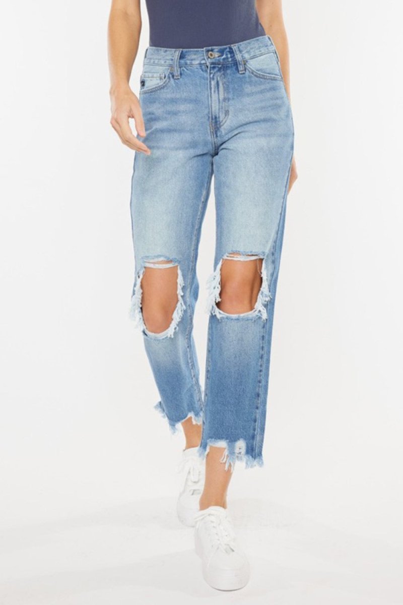 Kancan High Waist Chewed Up Straight Mom Jeans - Bottoms Sale